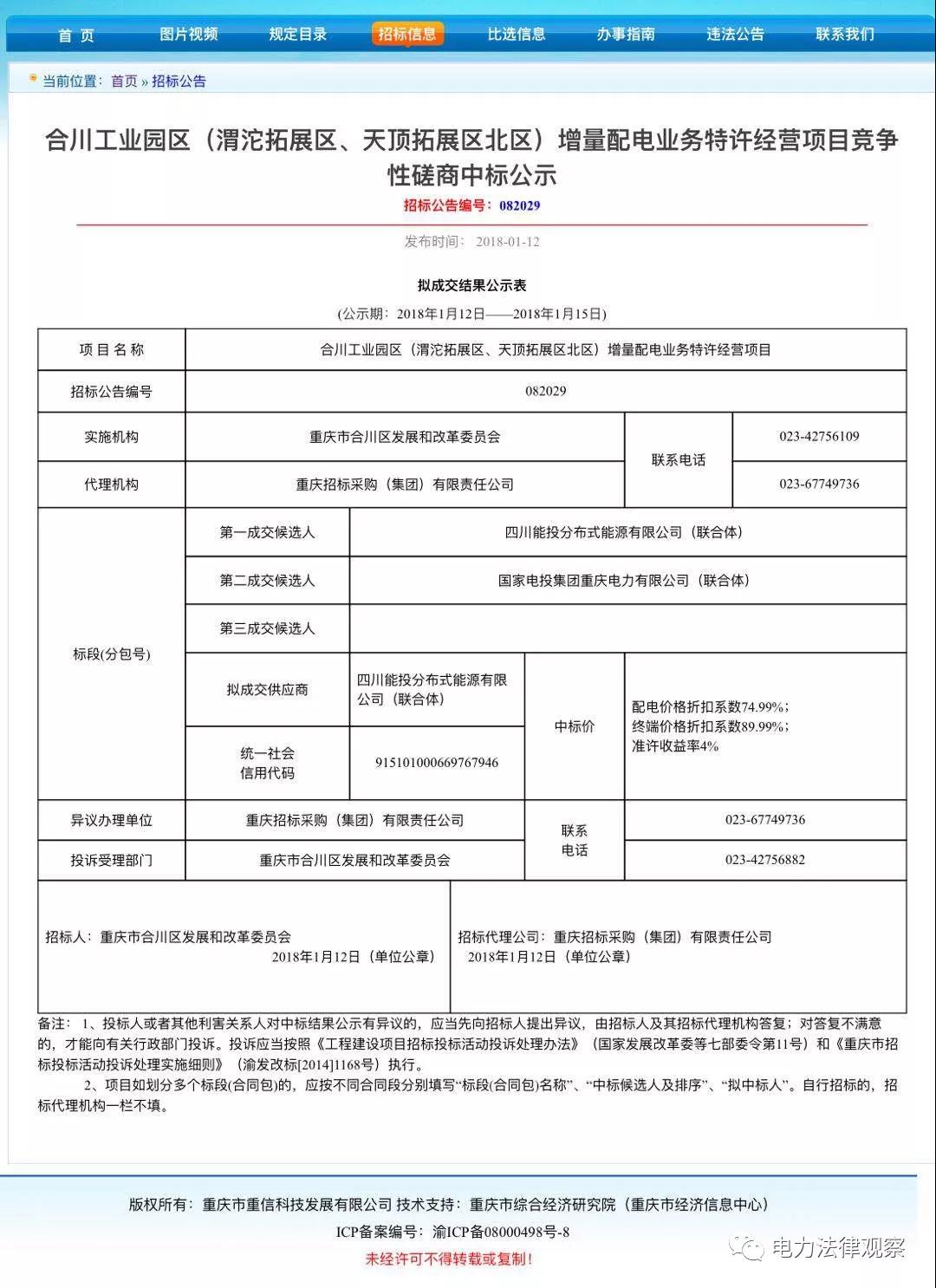 重慶合川增量配電項(xiàng)目?jī)?yōu)選結(jié)果，配電價(jià)下降25%，終端電價(jià)下降10%