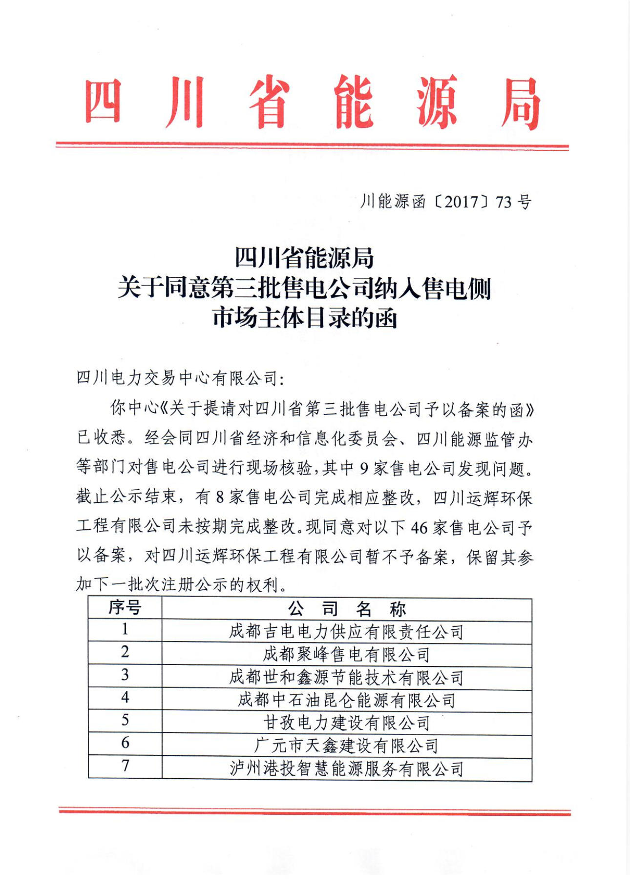 【四川電力交易中心】售電公司復(fù)函（第三批）