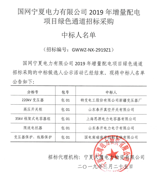 國網(wǎng)寧夏2019年增量配電項目綠色通道中標人名單